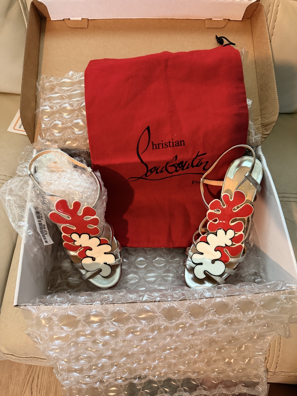 Christian Louboutin Red and Cream Floral Appliqué Slingback Sandals - Picture 4 of 4